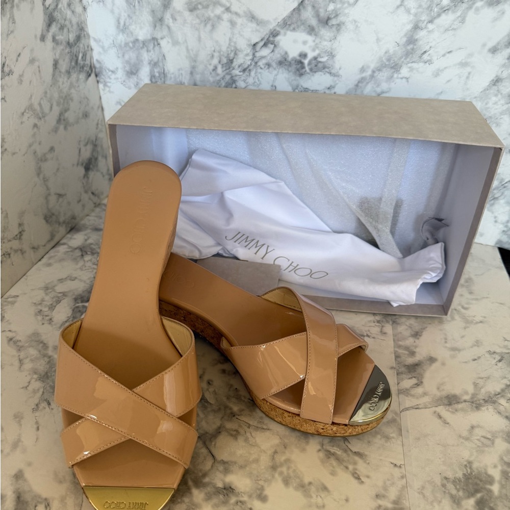 Jimmy Choo Nude Patent Wedge Sandals